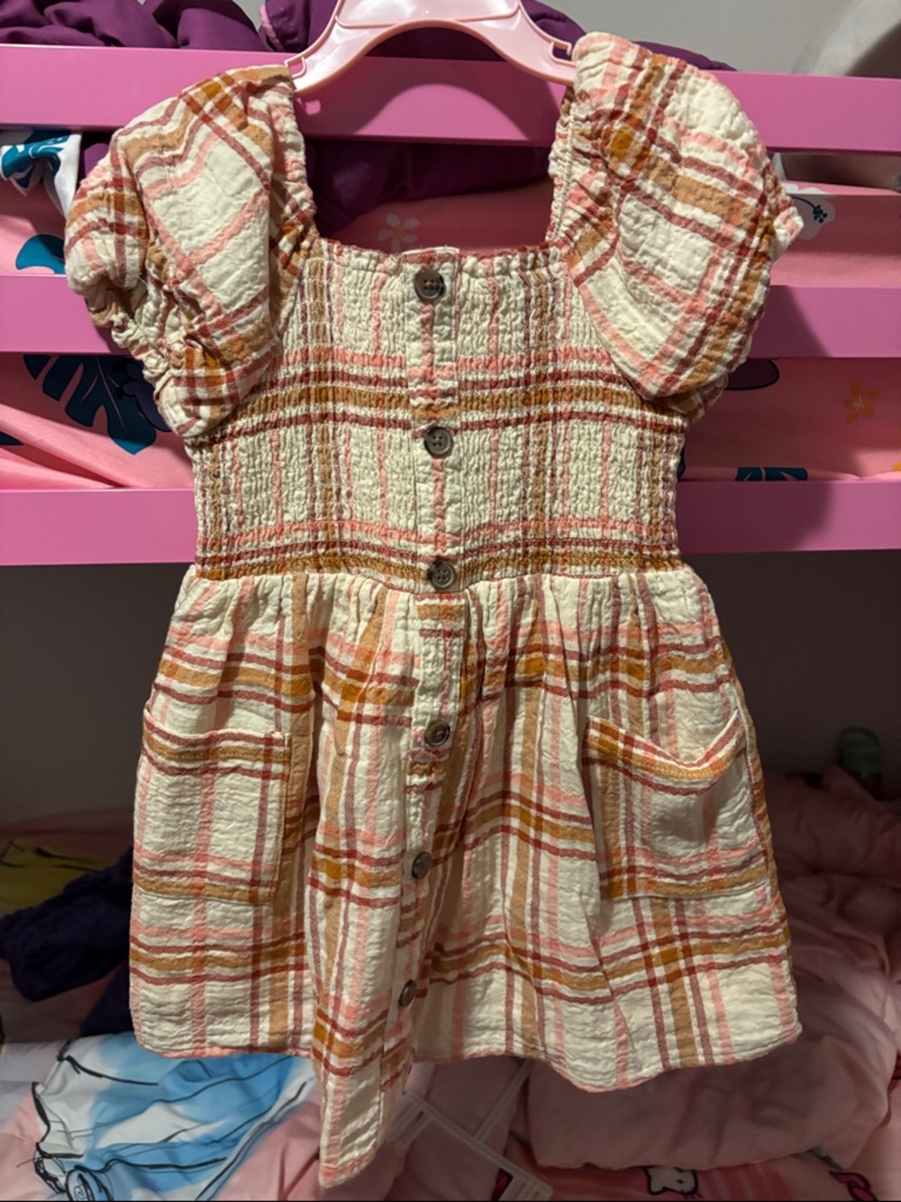 Cat & Jack Cream Plaid Dress with Pink and Tan Stripes